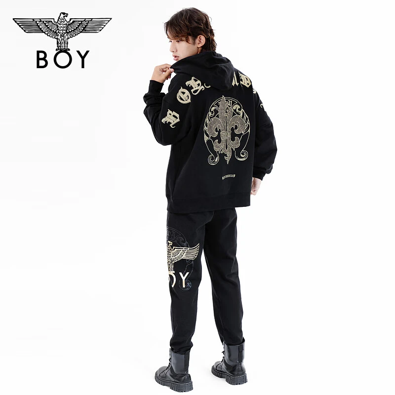 【书痴画符】BOYLONDON连帽卫衣烫金印花满印黑金logo情侣款 N04022