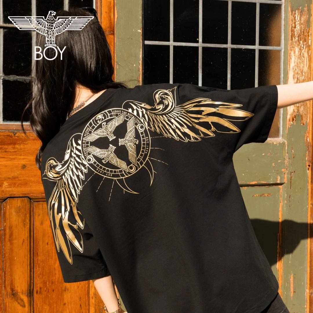 BOYLONDON夏季情侣款短袖闪粉三鹰翅膀时尚欧若风圆领T恤N01052