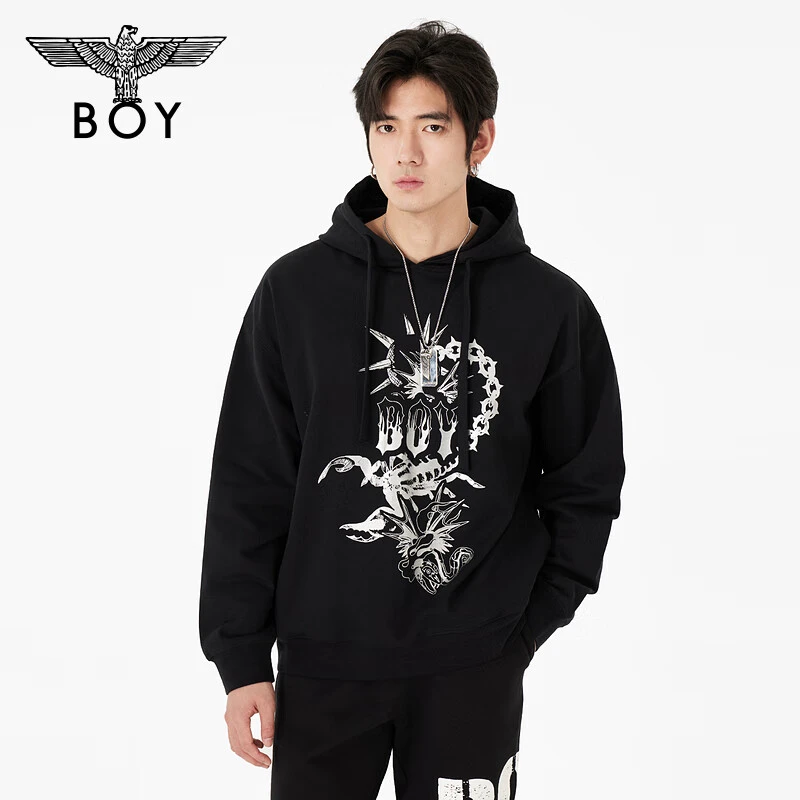 BOYLONDON潮牌套头衫情侣款高街黑色蝎子动物印花连帽卫衣 N04901