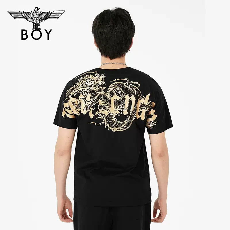 BOYLONDON潮牌短袖情侣同款春夏季新款黑金龙纹印花朋克T恤N01056