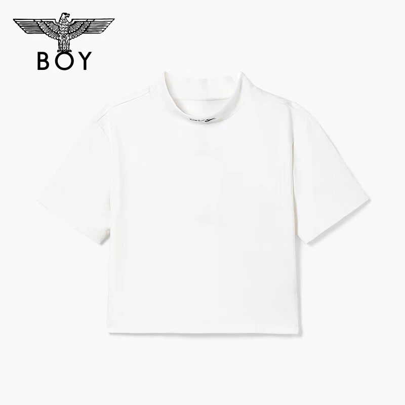 【白色小高领】BOYLONDON刺绣白色T恤春夏季女款上衣修身短款W01001