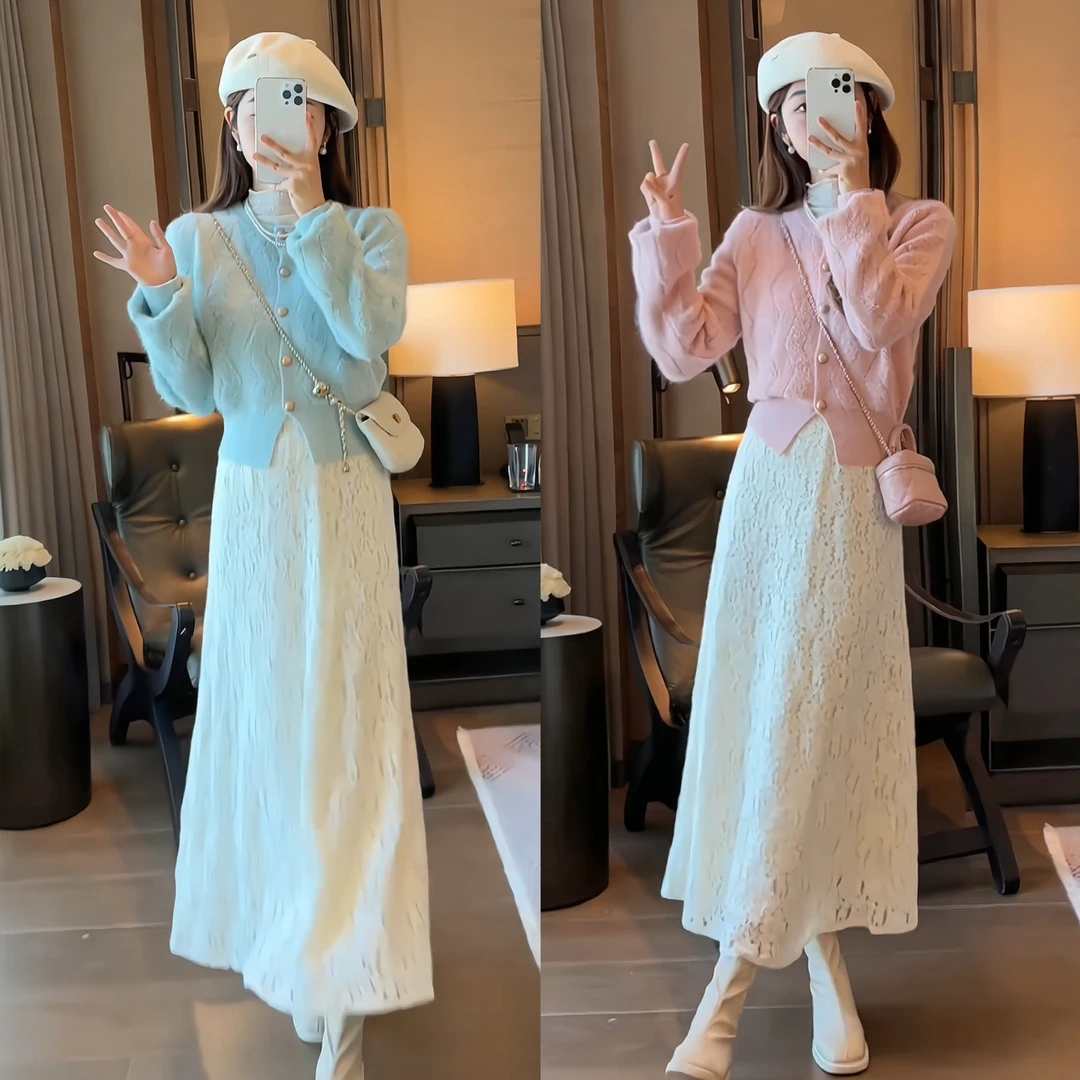 纯色韩版单排扣针织上衣+加绒蕾丝花朵半身裙+刺绣碎花半高领打底