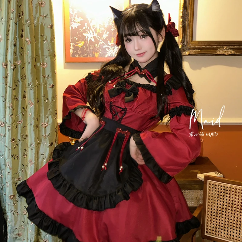 有心论 暗红小恶魔女仆套装cosplay服中华娘Lolita洋装大码连衣裙
