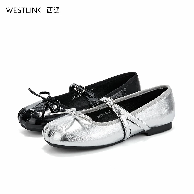 Westlink/西遇银色玛丽珍女2024新款一字扣带浅口单鞋圆头蝴蝶结