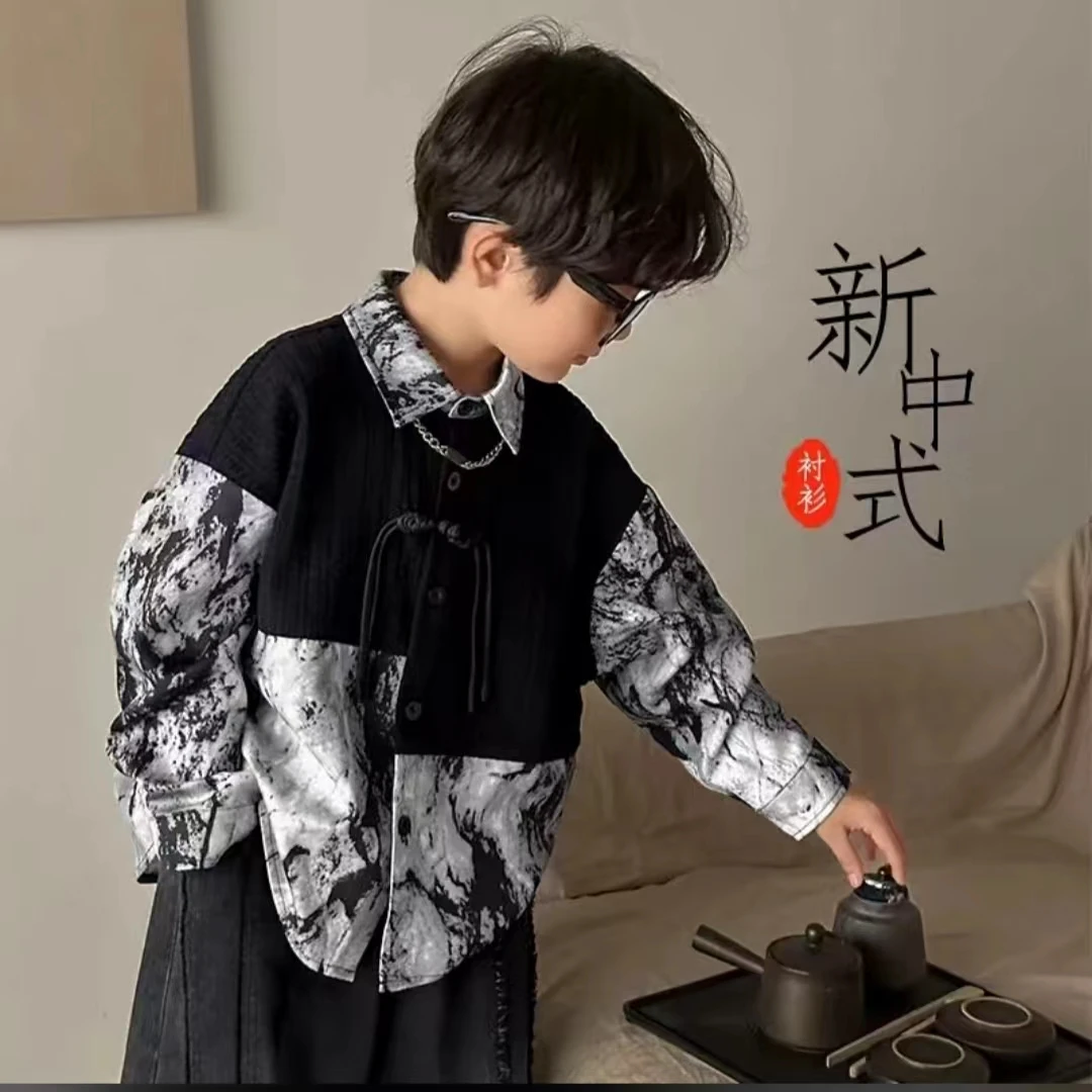 2025男童衬衫外套儿童国风长袖衬衣中大童汉服洋气炸街帅气上衣潮