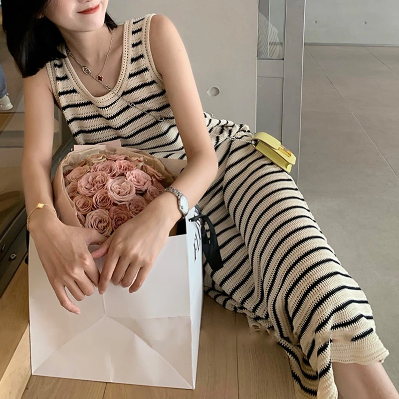 爆款小个子条纹针织连衣裙女夏季日常宽松显瘦长款气质休闲背心裙