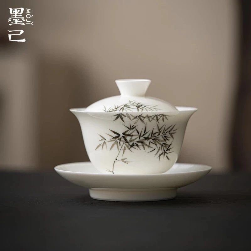青云贮月-玉泥-墨竹-归远手绘釉下彩三才盖碗