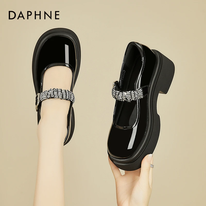 达芙妮法式玛丽珍鞋高跟厚底小皮鞋2025秋季新款水钻一字扣单鞋女