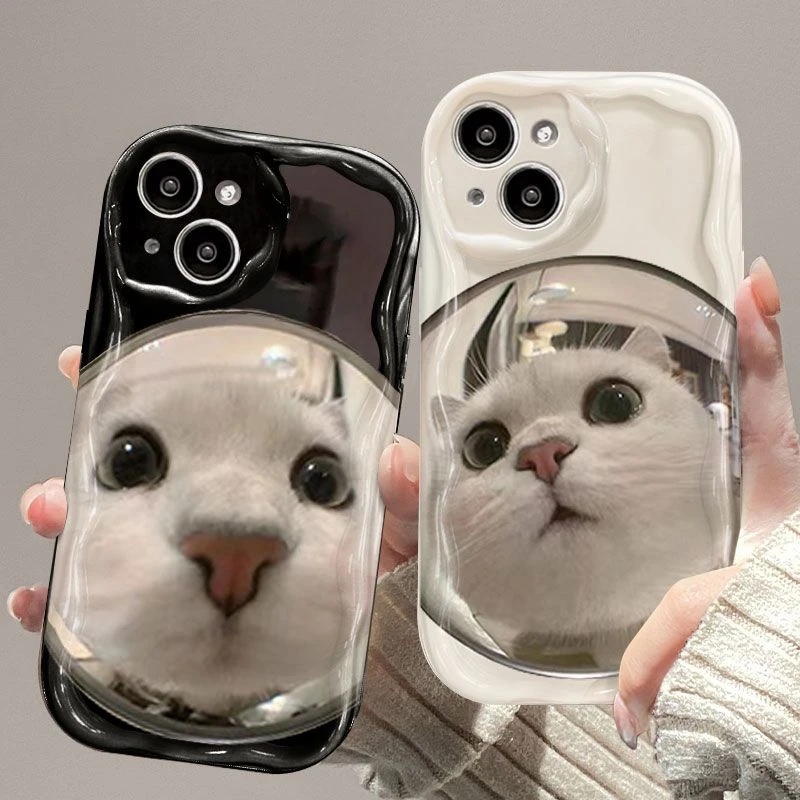 镜子猫咪适用苹果华为oppo/小米/vivo趣味手机壳全包可爱创意个性