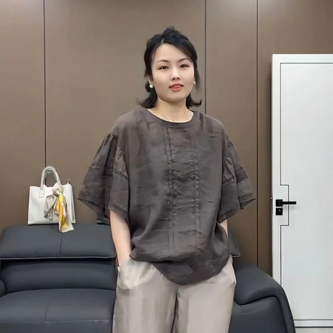 【xineba韩国鞋】麻料圆领轻薄衬衫2024新款女士时尚洋气舒适轻奢