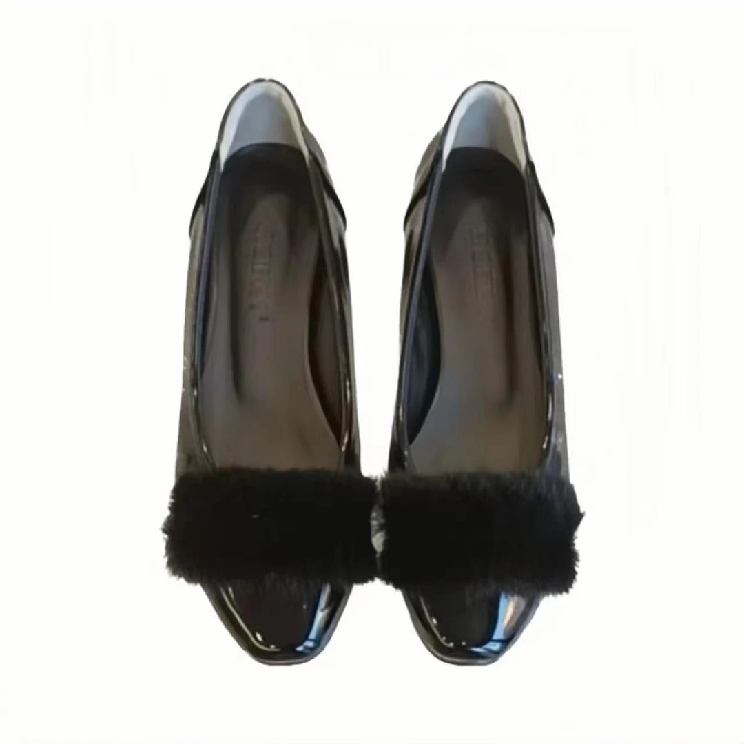 【xineba韩国鞋】新款女士低跟毛毛尖头单鞋黑色浅口百搭气质优雅