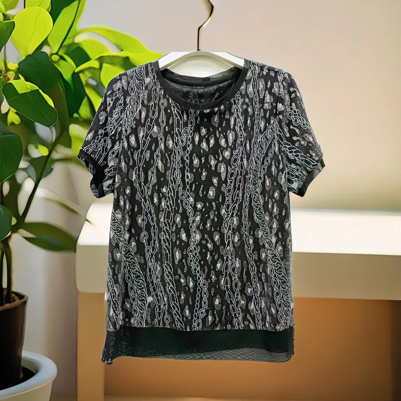 【xineba韩国鞋】圆领轻薄透气短袖衫2024新款女士时尚洋气舒适高档