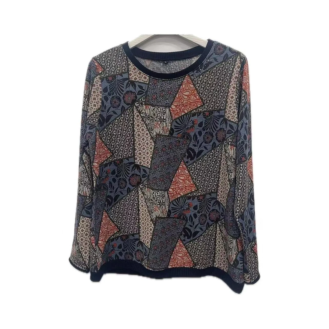 【xineba韩国鞋】圆领印花长袖衫2024新款女士洋气舒适百搭高弹大码