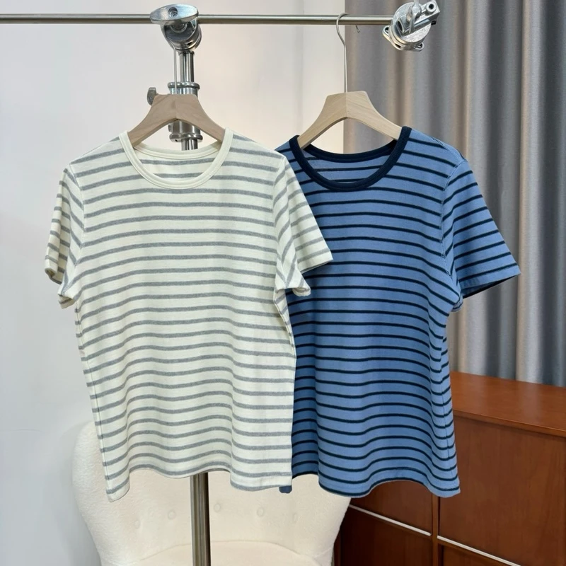 【若若美】X-1096深海撞色条纹短袖T恤圆领百搭半袖休闲短T潮夏季