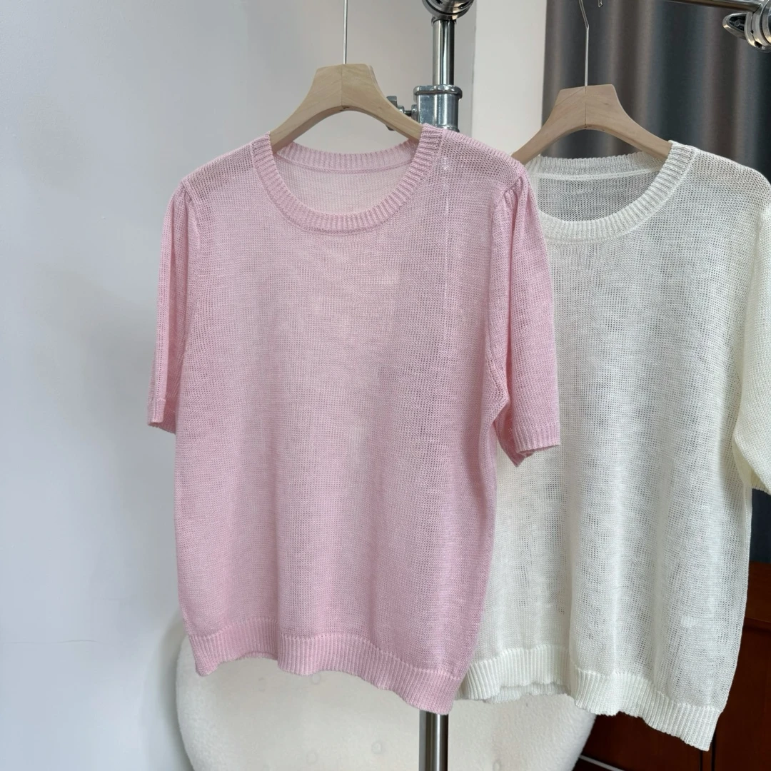 【若若美】M-0647天丝亚麻薄款透气圆领短袖针织衫