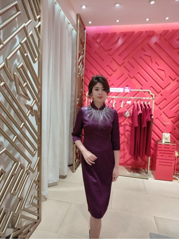 LOOLAYY/六礼 17869烫钻七分袖旗袍中式紫色