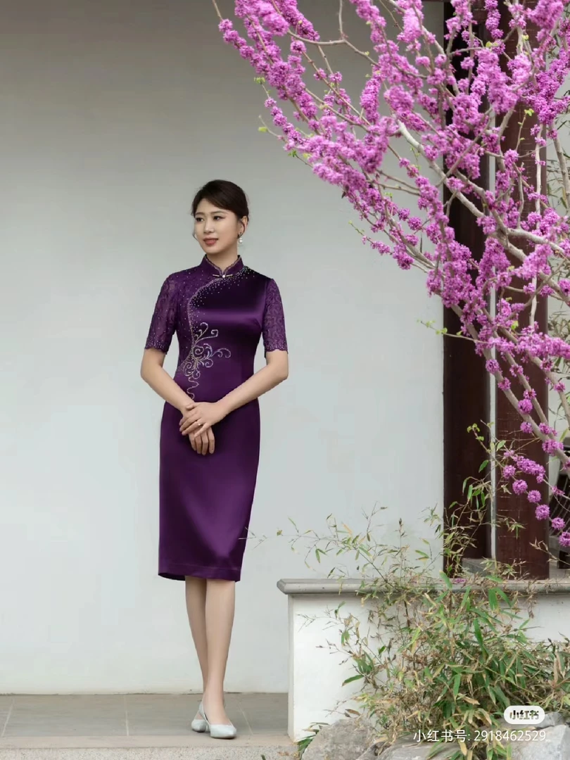 17678六礼醋酸锻旗袍裙后开叉中国风旗袍显瘦