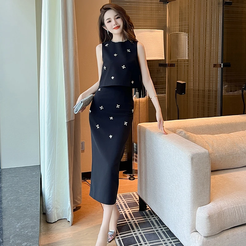 30546两件套设计感显瘦长款小个子黑色镶砖时尚套装裙