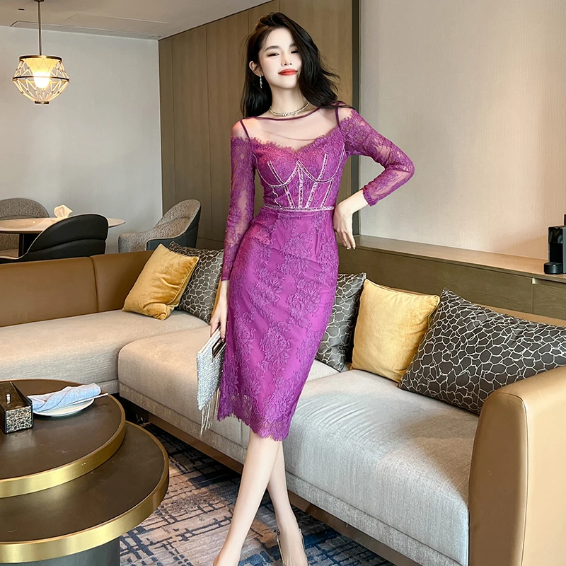 ZY.HT/紫嫣红藤设计感紫色蕾丝拼接修身高级优雅气质连衣裙20697