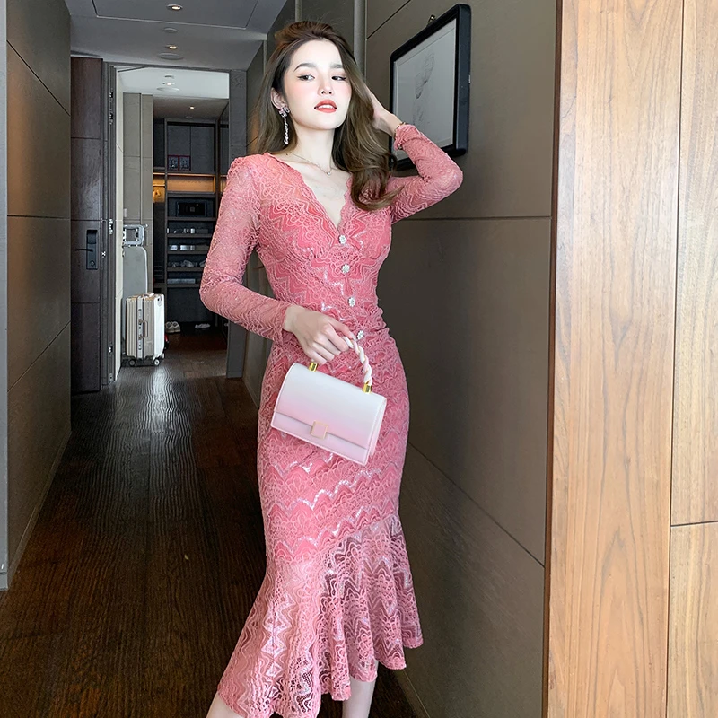 名媛时尚法式包臀蕾丝魅惑连衣裙重工高腰v领中长款鱼尾裙子20020