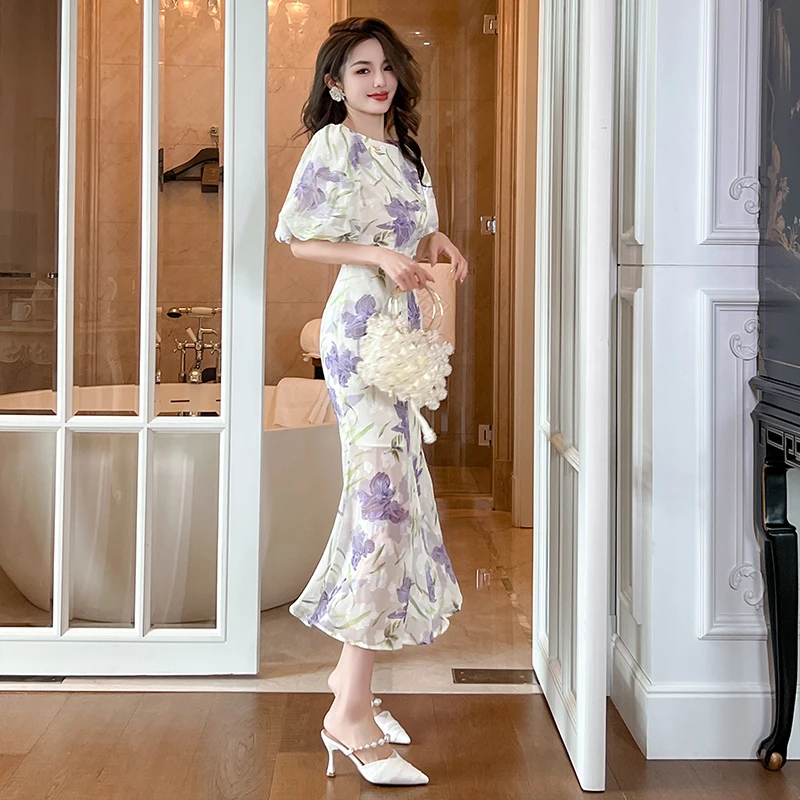 30110新款夏季清凉连衣裙碎花高端晚礼服后妈裙时尚收腰轻奢长裙