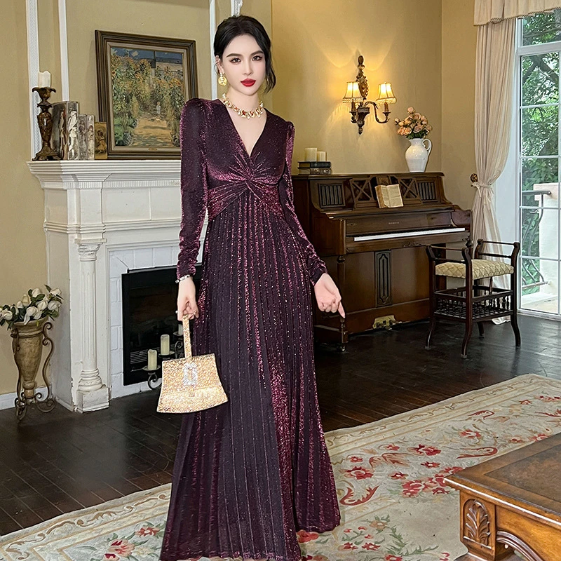 新款女优雅气质扭结V领褶皱高腰大摆百褶亮丝连衣裙9742