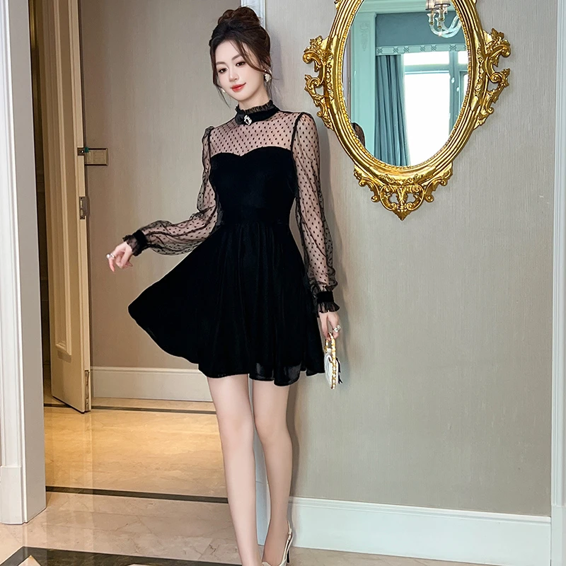 21445赫本风名媛连衣裙蕾丝显瘦气质性感复古宴会修身法式长袖