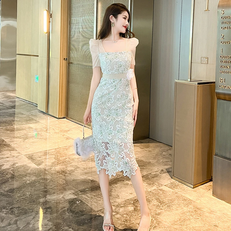 20587轻奢超显瘦名媛气质蕾丝连衣裙时尚性感一步裙印花夏季礼服