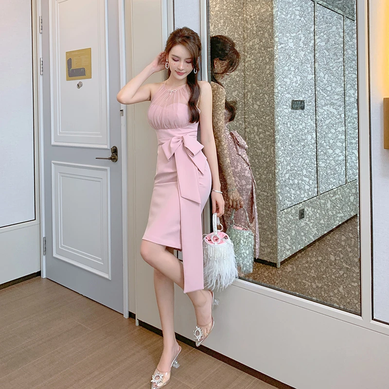 9291名媛宴会晚礼服平时可穿气质修身挂脖显瘦蝴蝶结中长款连衣裙