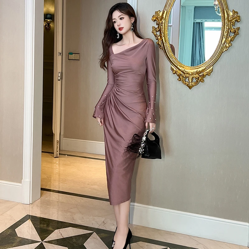 ZY.HT/紫嫣红藤秋季高档气质时尚修身紫色开叉打底连衣裙31011
