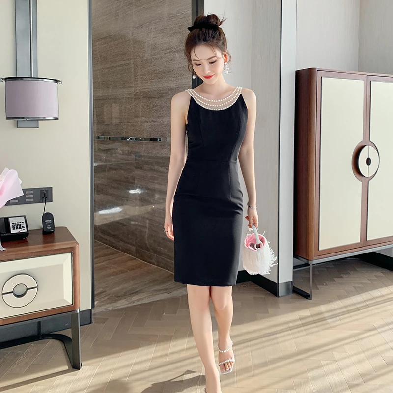 5032名媛气质重工钉珠连衣裙女轻熟风性感露背宴会礼服裙平时可穿