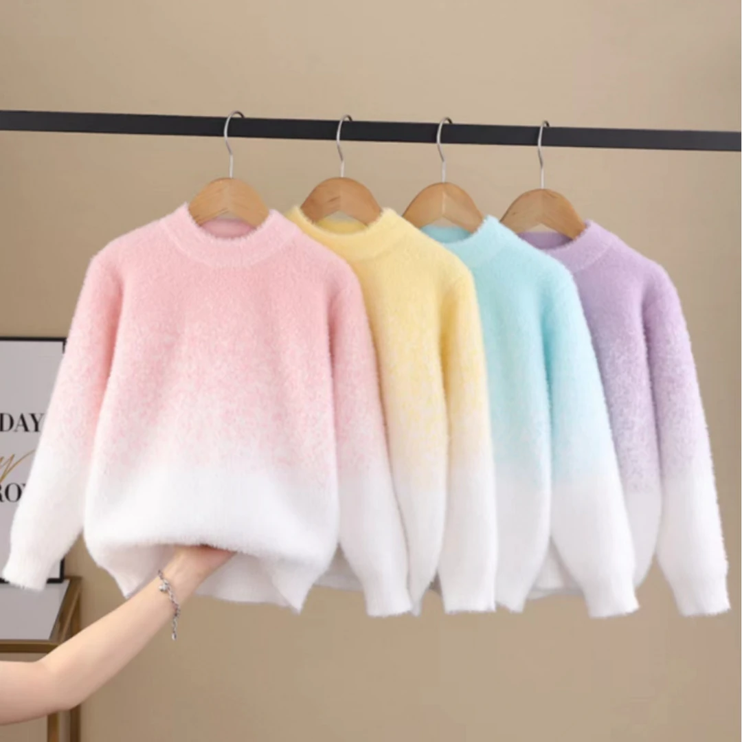 女童毛衣男童加厚水貂绒毛衣2024秋冬新款渐变中大童针织打底衫潮