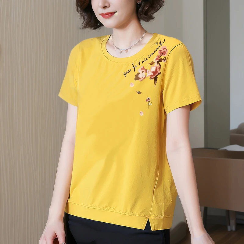 女士高档短袖妈妈国风t恤50-60岁妈妈洋气衣服纯棉遮肚子减龄上衣
