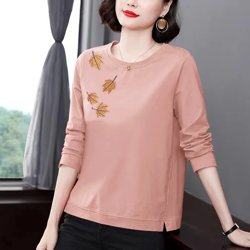 纯棉长袖T恤女新款中年妈妈气质圆领遮肚子中老年春秋装内搭上衣