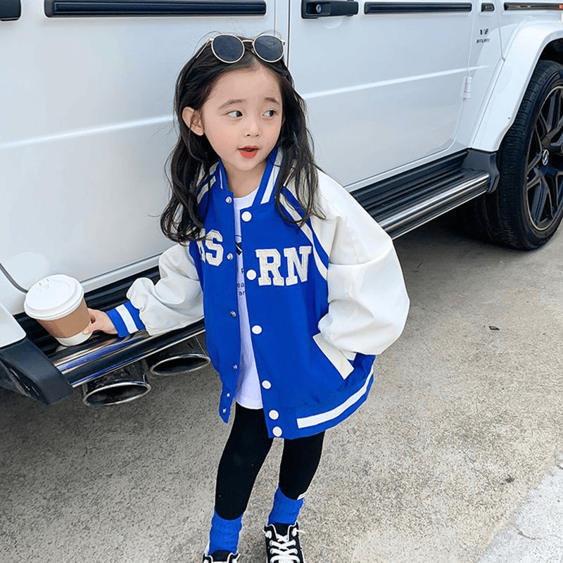 女童炸街外套克莱因蓝宝宝洋气时髦儿中大童棒球服2023秋装新款潮