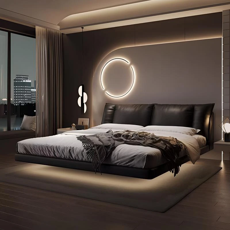 【高端家具】意式极简真皮床悬浮床高端大气主卧双人床软包床婚床