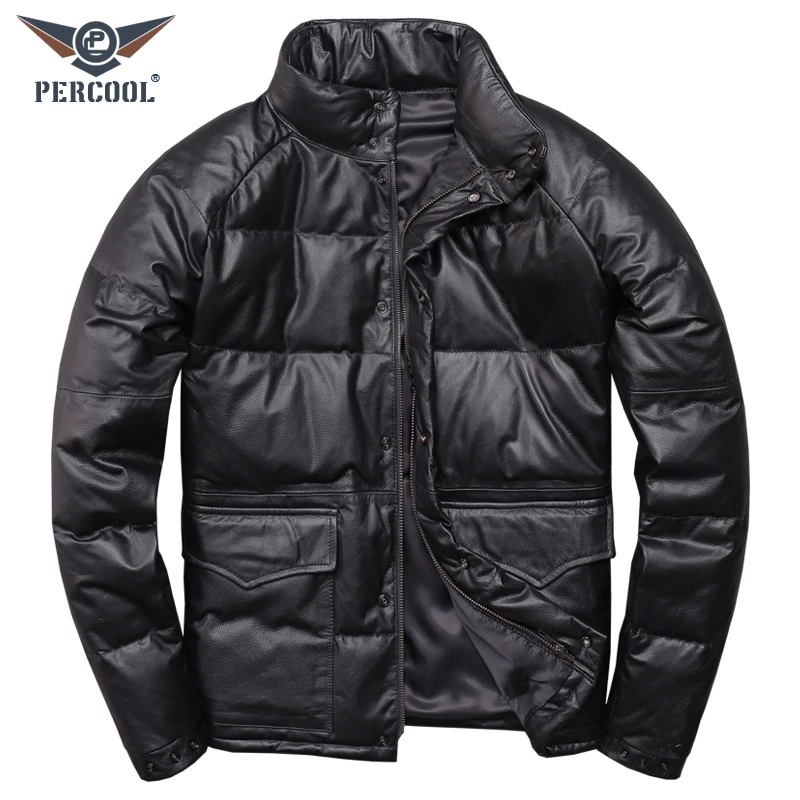 羽绒服真皮皮衣男士时尚休闲加绒保暖皮外套头层牛皮冬季立领夹克