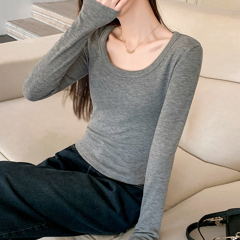 加绒加厚U领内搭打底衫女秋冬季保暖长袖t恤修身显瘦百搭螺纹上衣