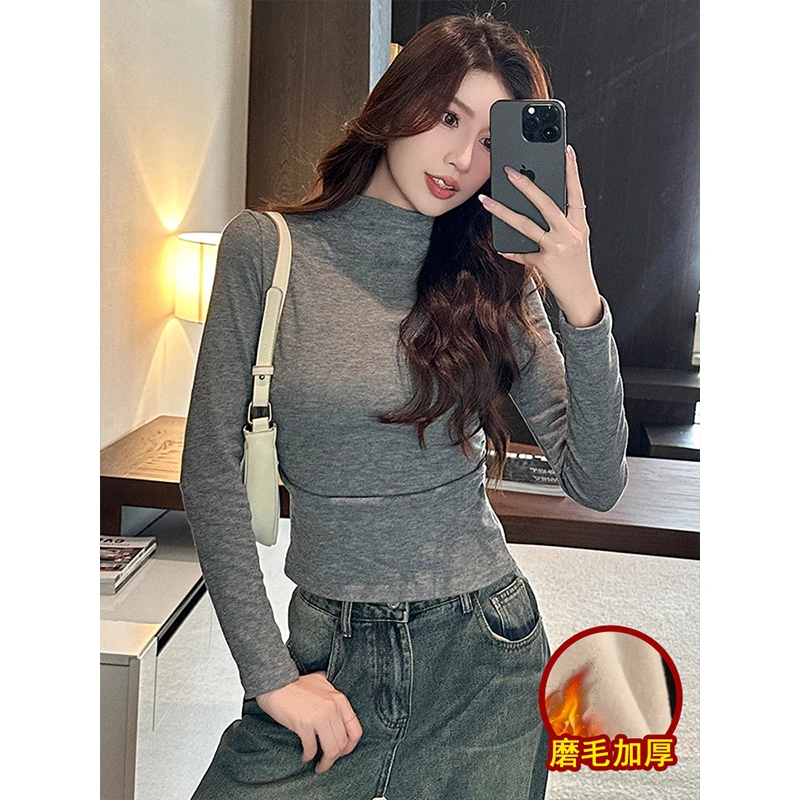 戈缕加绒磨毛半高领长袖t恤女2025春季款抽褶收腰修身打底衫上衣