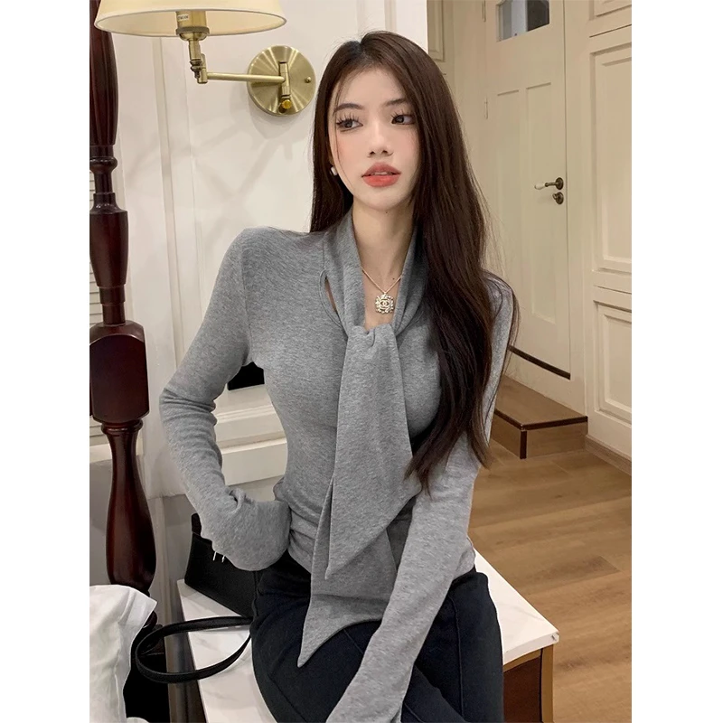 戈缕秋冬加绒磨毛长袖T恤女设计感绑带内搭打底衫修身不规则上衣