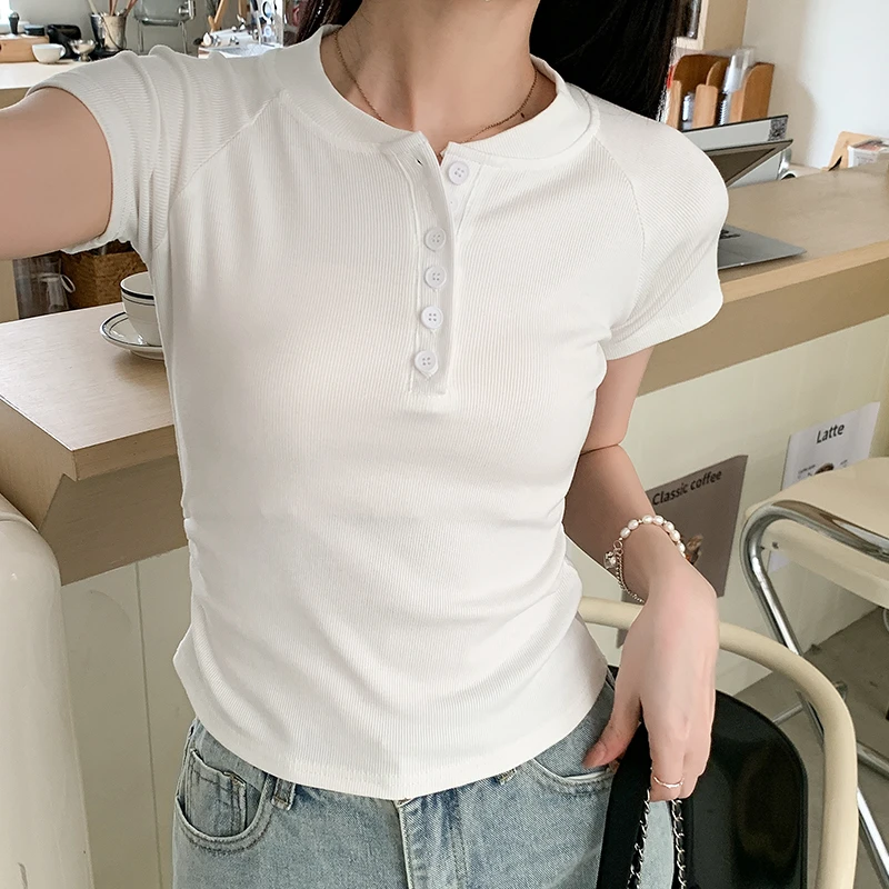 戈缕美式辣妹螺纹纽扣半开领短袖T恤女夏季修身抽褶短款半袖上衣