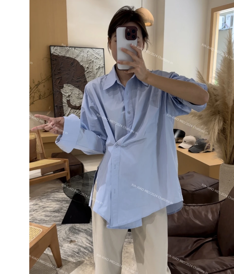 XIAOMEI |斜扣开衩衬衫女2024早秋新款简约宽松衬衣