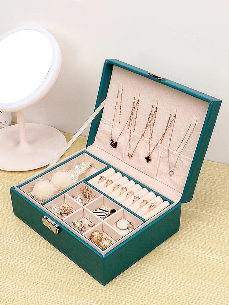 首饰盒/箱 绒布双层带锁饰品盒耳环首饰盒耳饰盒手饰品收纳盒简约