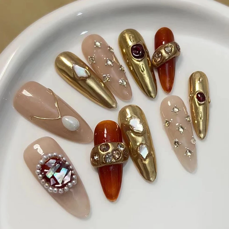 推荐穿戴甲纯手工美甲假指甲贴片高工魔镜金属感猫眼石裸色水滴甲