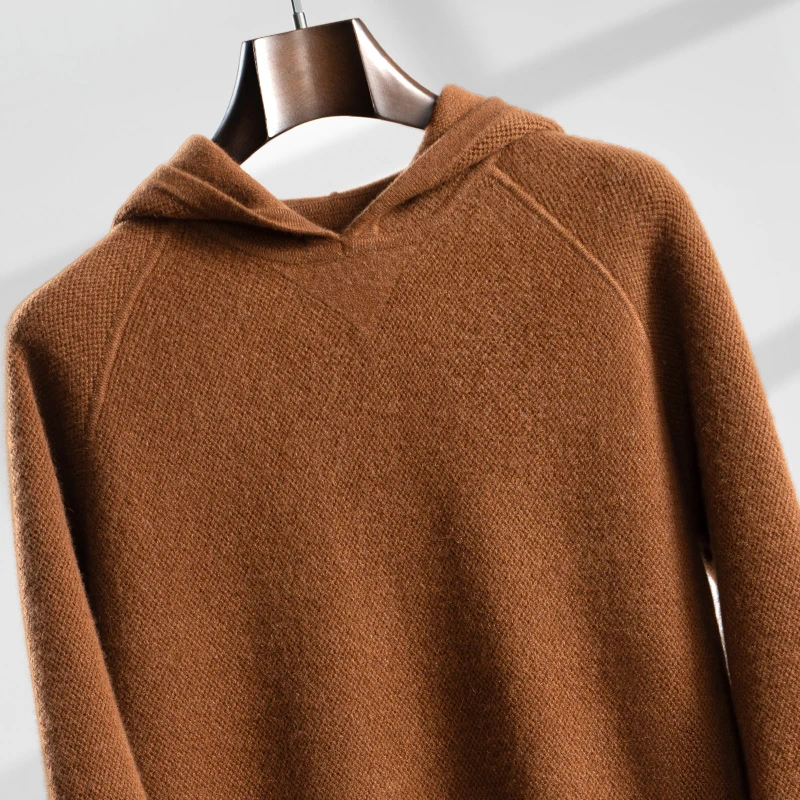 男士纯山羊绒连帽加厚保暖卫衣桂花针长袖毛衣休闲套头针织衫050