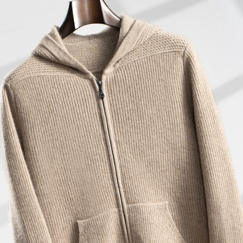 男士纯山羊绒外套休闲运动连帽开衫拉链针织宽松加厚保暖毛衣037