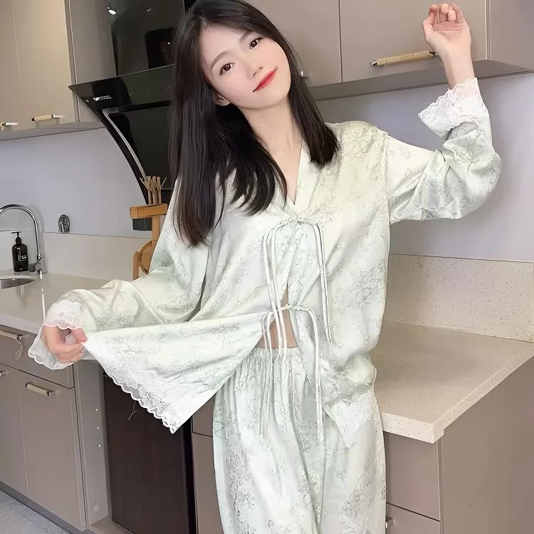 新中式国风盘扣绿色睡衣女士家居服九分裤套装国风轻奢蕾丝气质