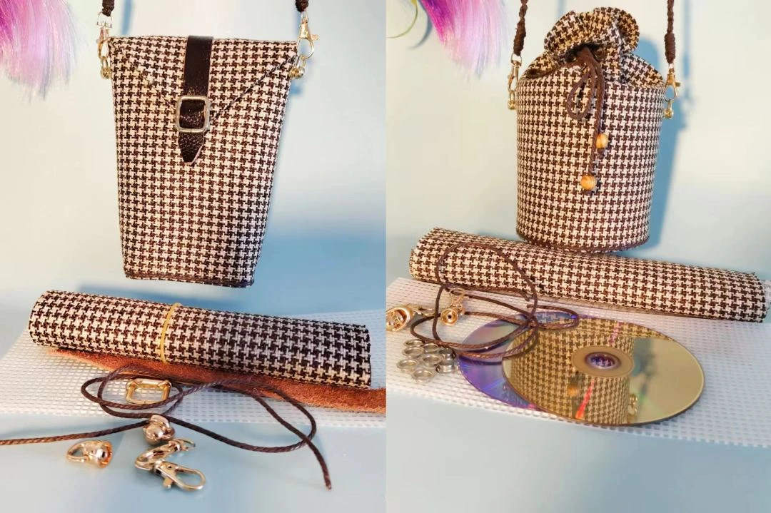 《指尖手工坊原创》时尚百搭女士千鸟格单肩斜跨水桶包手机包材料包