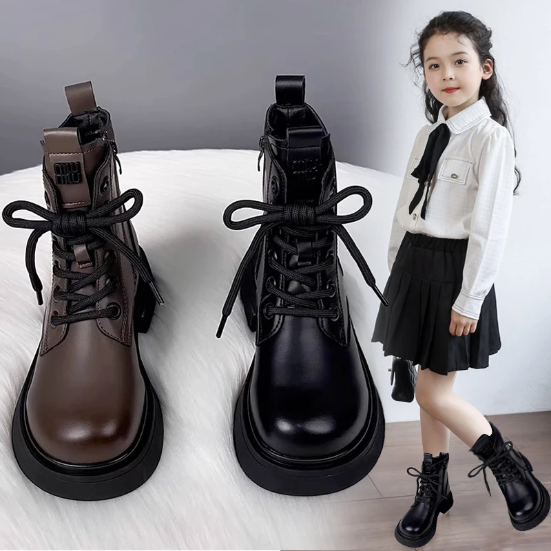 女童靴子秋冬2024新款女孩马丁靴中大童短靴加绒皮靴防滑黑色单靴