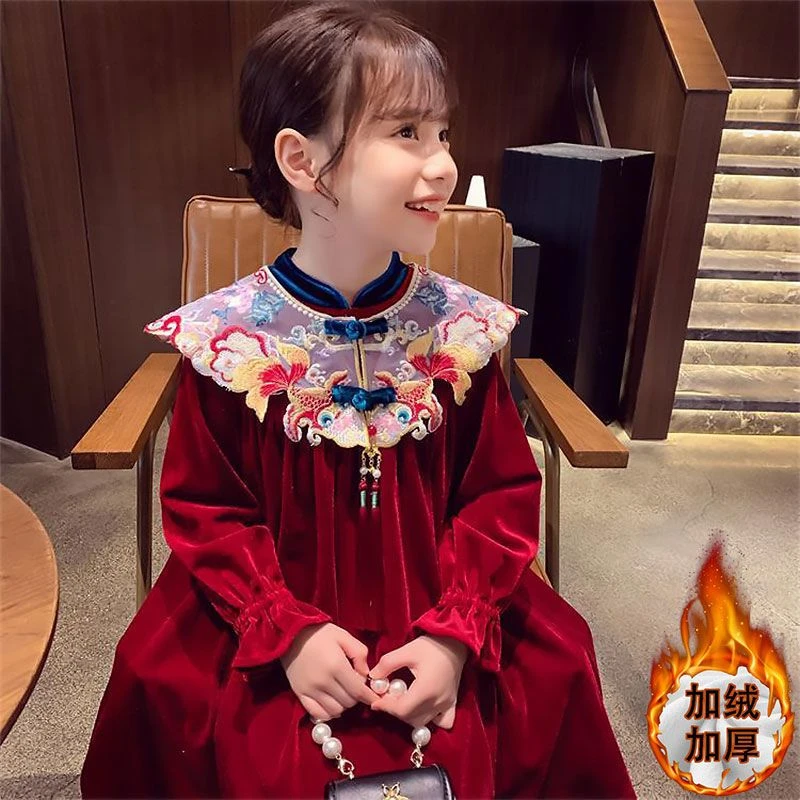 女童加绒连衣裙冬装新款洋气儿童红色公主裙女孩中国风拜年服长袖